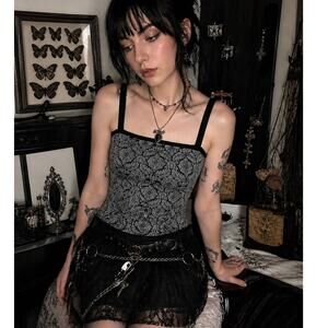 Ecru Cami Tank Small Black Velvet Gray Floral Gothic Whimsigoth Y2K Fairy Grunge